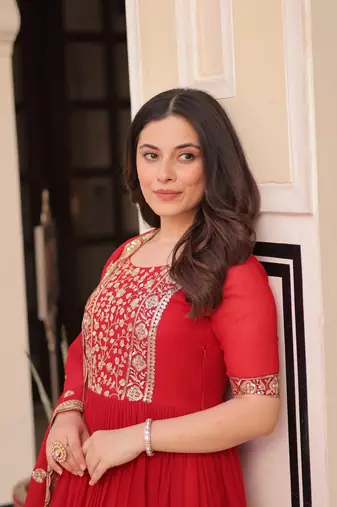 Red faux blooming embroidered gown set with designer dupatta