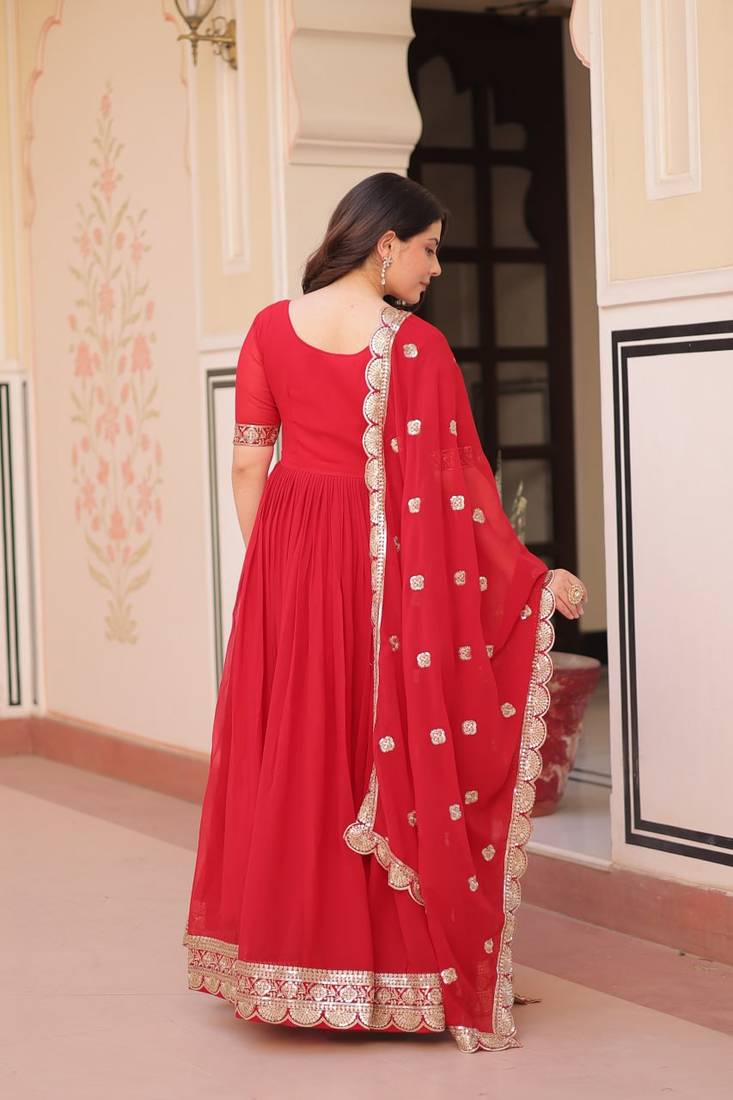 Red faux blooming embroidered gown set with designer dupatta