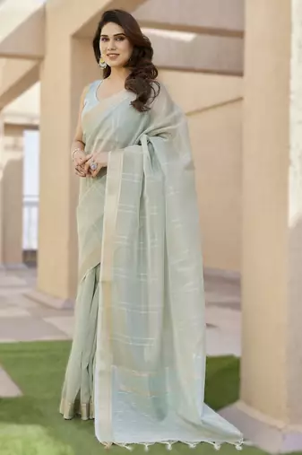 Light pista soft tissue linen silk saree with all-over zari linings & rich zari pallu