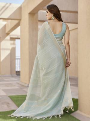 Light pista soft tissue linen silk blend saree with all-over zari linings & rich zari pallu 2