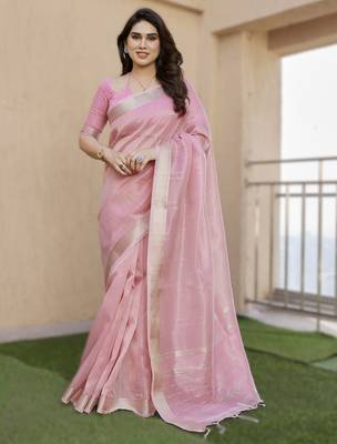 Light pink soft tissue linen silk blend saree with all-over zari linings & rich zari pallu 1
