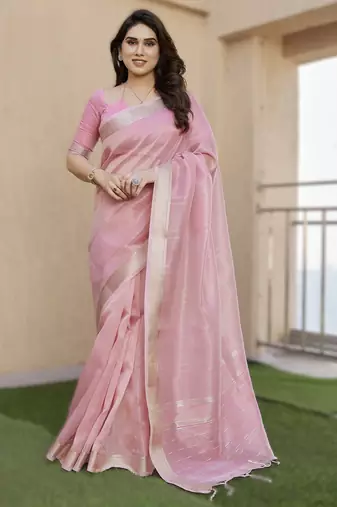 Light pink soft tissue linen silk saree with all-over zari linings & rich zari pallu