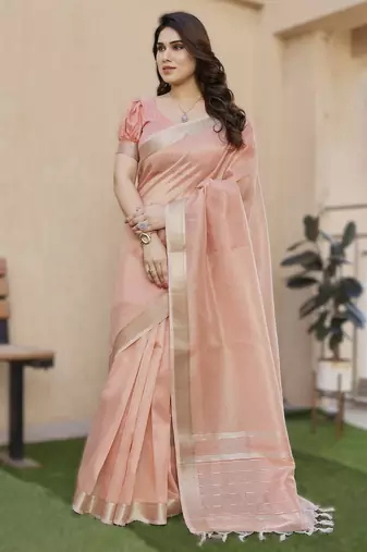 Peach soft tissue linen silk saree with all-over zari linings & rich zari pallu