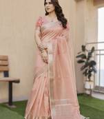 Peach soft tissue linen silk saree with all-over zari linings & rich zari pallu