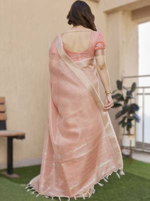 Peach soft tissue linen silk blend saree with all-over zari linings & rich zari pallu 2