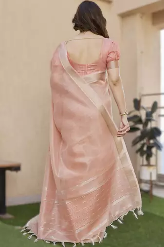 Peach soft tissue linen silk blend saree with all-over zari linings & rich zari pallu