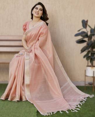 Peach soft tissue linen silk blend saree with all-over zari linings & rich zari pallu 3
