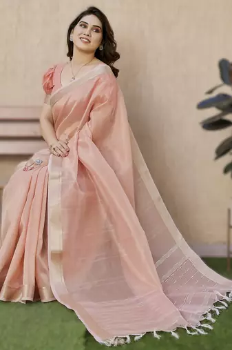 Peach soft tissue linen silk blend saree with all-over zari linings & rich zari pallu