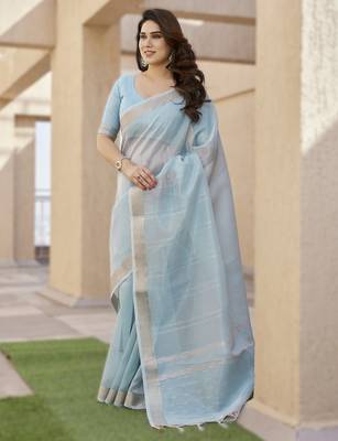 Firozi soft tissue linen silk blend saree with all-over zari linings & rich zari pallu 1