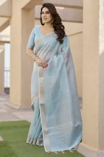 Firozi soft tissue linen silk saree with all-over zari linings & rich zari pallu