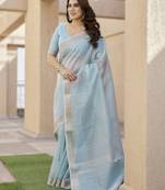 Firozi soft tissue linen silk saree with all-over zari linings & rich zari pallu