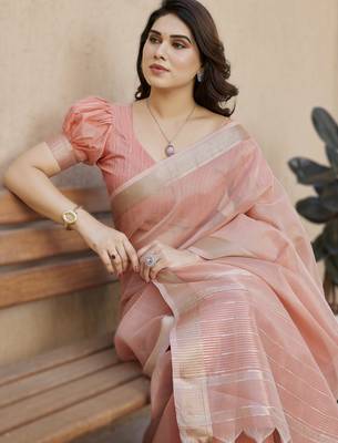 Peach soft tissue linen silk blend saree with all-over zari linings & rich zari pallu 4