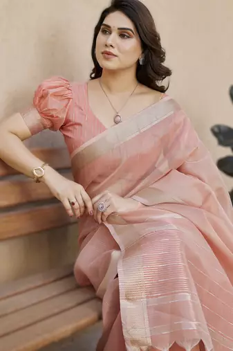 Peach soft tissue linen silk blend saree with all-over zari linings & rich zari pallu