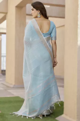 Firozi soft tissue linen silk blend saree with all-over zari linings & rich zari pallu