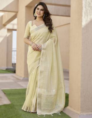 Light yellow soft tissue linen silk blend saree with all-over zari linings & rich zari pallu 1
