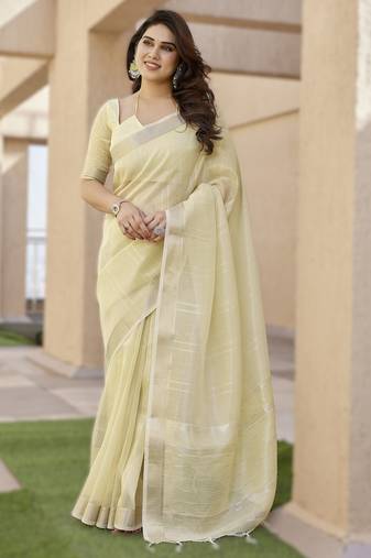 Light yellow soft tissue linen silk saree with all-over zari linings & rich zari pallu