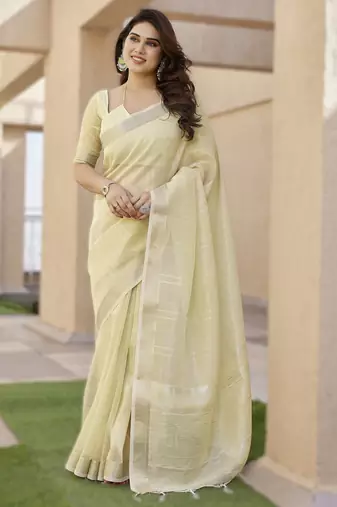 Light yellow soft tissue linen silk saree with all-over zari linings & rich zari pallu