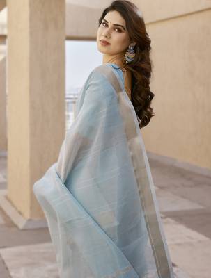 Firozi soft tissue linen silk blend saree with all-over zari linings & rich zari pallu 3