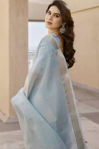 Firozi soft tissue linen silk blend saree with all-over zari linings & rich zari pallu