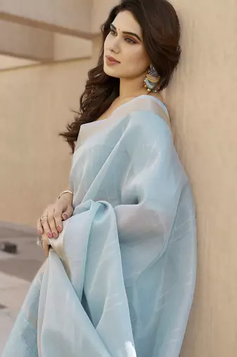 Firozi soft tissue linen silk blend saree with all-over zari linings & rich zari pallu