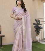 Light purple soft tissue linen silk saree with all-over zari linings & rich zari pallu