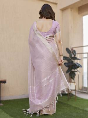 Light purple soft tissue linen silk blend saree with all-over zari linings & rich zari pallu 2