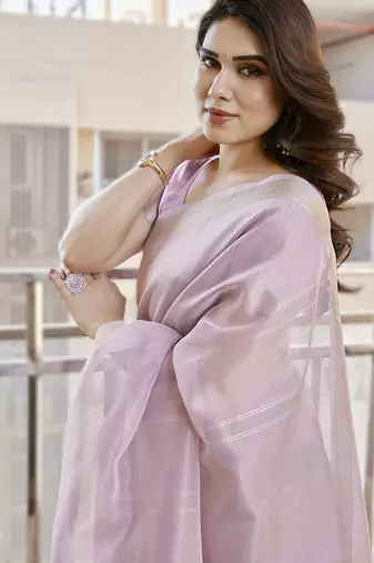 Light purple soft tissue linen silk blend saree with all-over zari linings & rich zari pallu