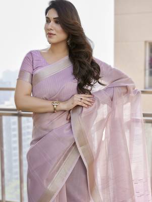 Light purple soft tissue linen silk blend saree with all-over zari linings & rich zari pallu 4