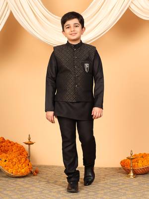 Boys black cotton blend kurta pyjama set with jacquard geometric floral waistcoat 1