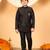 Boys black cotton blend kurta pyjama set with jacquard geometric floral waistcoat