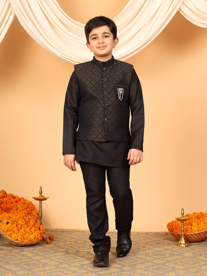 Boys black cotton blend kurta pyjama set with jacquard geometric floral waistcoat
