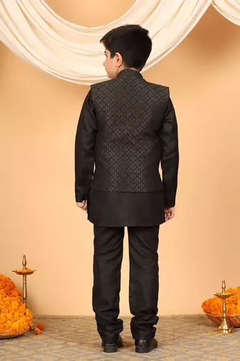 Boys black cotton blend kurta pyjama set with jacquard geometric floral waistcoat