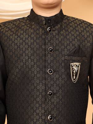 Boys black cotton blend kurta pyjama set with jacquard geometric floral waistcoat 3
