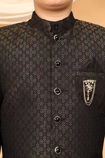 Boys black cotton blend kurta pyjama set with jacquard geometric floral waistcoat