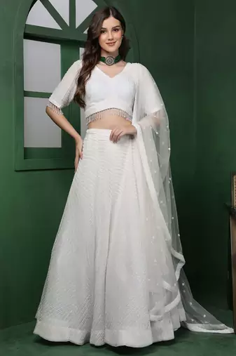 white monotone beadwork lehenga set with blouse and dupatta