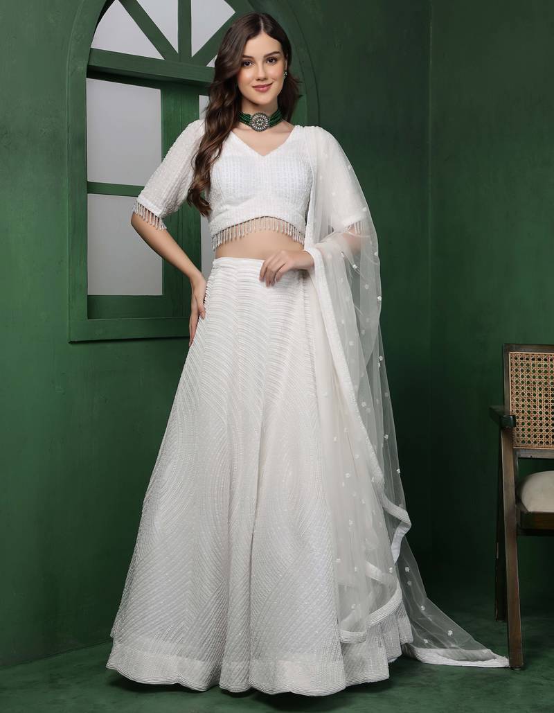 White Monotone Beadwork Lehenga Set
