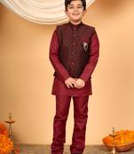Boys maroon cotton blend kurta pyjama set with jacquard geometric floral waistcoat