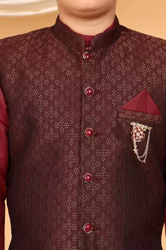 Boys maroon cotton blend kurta pyjama set with jacquard geometric floral waistcoat