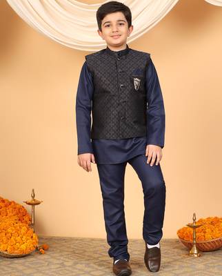 Boys navy blue cotton blend kurta pyjama set with jacquard geometric floral waistcoat 1