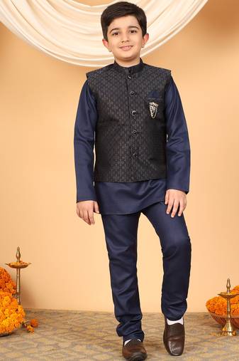 Boys navy blue cotton blend kurta pyjama set with jacquard geometric floral waistcoat