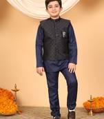 Boys navy blue cotton blend kurta pyjama set with jacquard geometric floral waistcoat