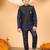Boys navy blue cotton blend kurta pyjama set with jacquard geometric floral waistcoat