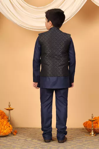Boys navy blue cotton blend kurta pyjama set with jacquard geometric floral waistcoat
