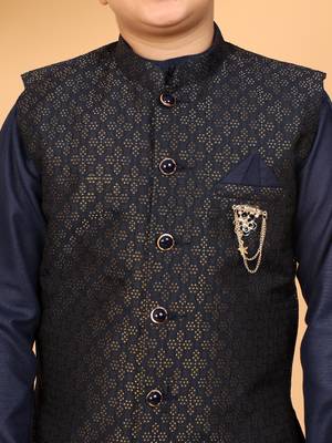 Boys navy blue cotton blend kurta pyjama set with jacquard geometric floral waistcoat 3