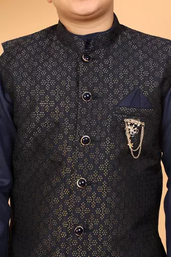 Boys navy blue cotton blend kurta pyjama set with jacquard geometric floral waistcoat