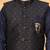 Boys navy blue cotton blend kurta pyjama set with jacquard geometric floral waistcoat