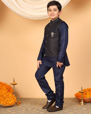 Boys navy blue cotton blend kurta pyjama set with jacquard geometric floral waistcoat 4