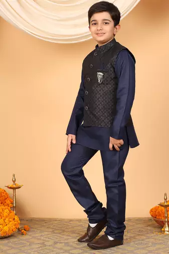 Boys navy blue cotton blend kurta pyjama set with jacquard geometric floral waistcoat