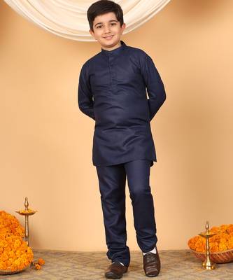 Boys navy blue cotton blend kurta pyjama set with jacquard geometric floral waistcoat 5