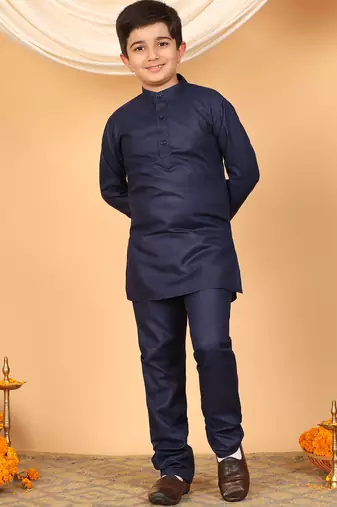 Boys navy blue cotton blend kurta pyjama set with jacquard geometric floral waistcoat
